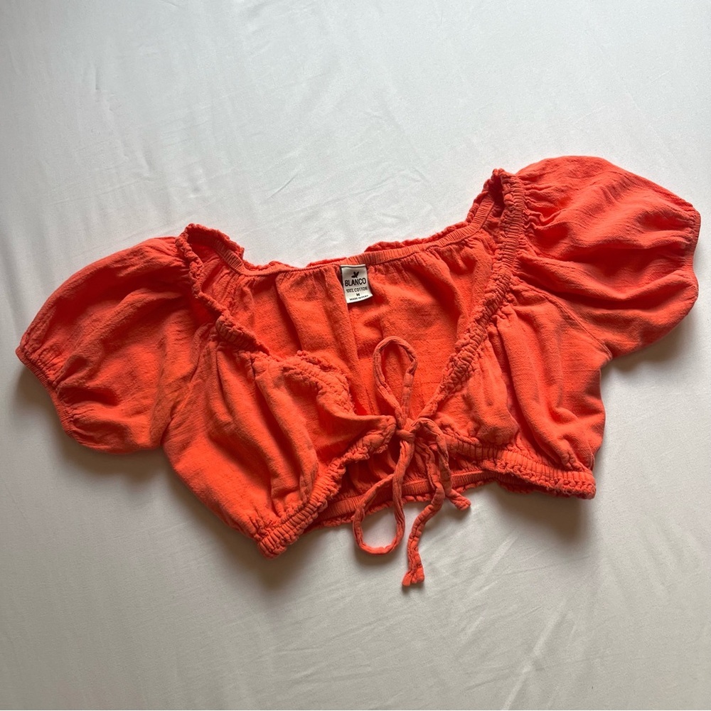BLANCO cotton‎ gauze coral orange citrus puff sleeve cropped tie front blouse